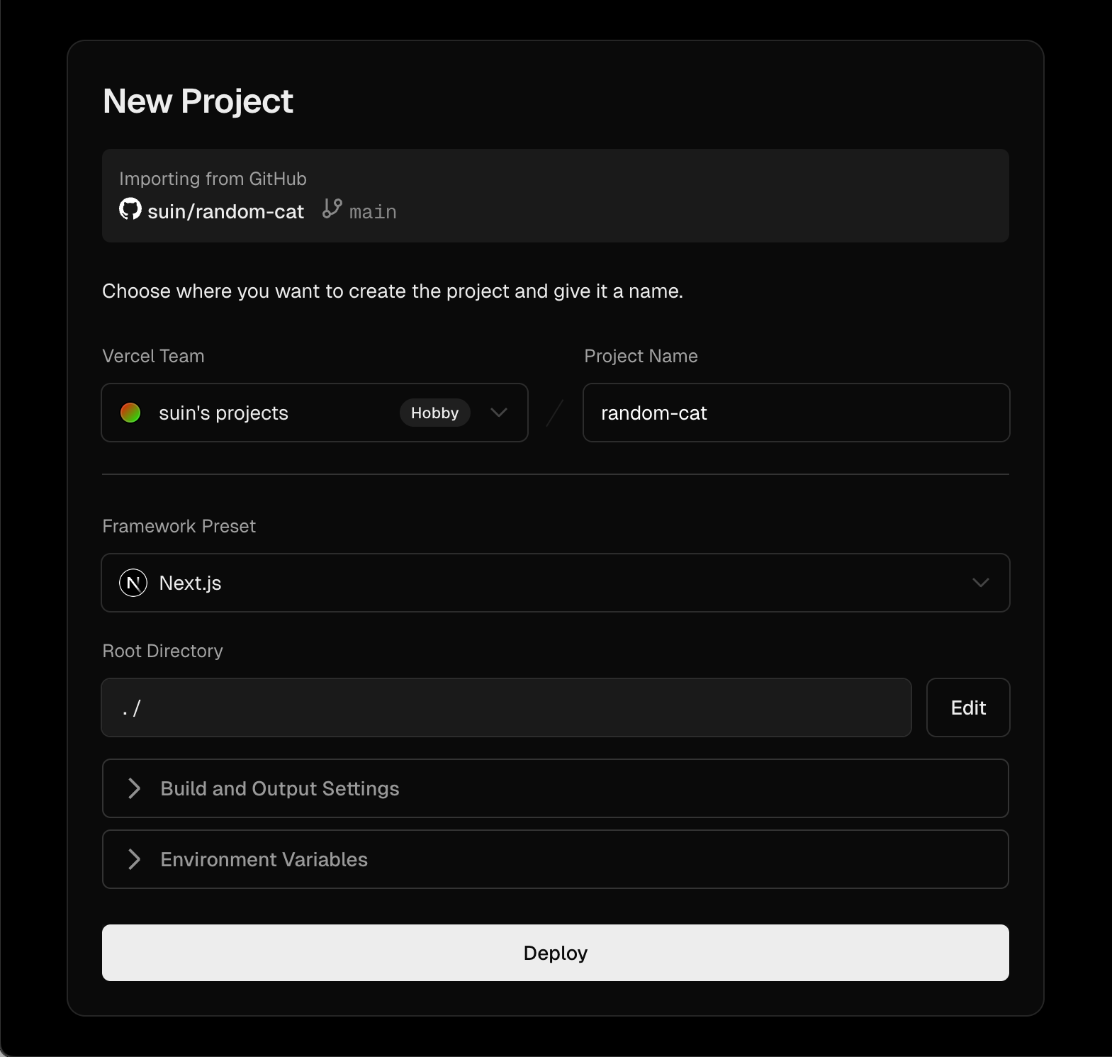 Vercelの新規プロジェクト作成画面で、GitHubリポジトリ「random-cat」が選択され、Next.jsのプリセットが設定された状態。プロジェクト名やルートディレクトリが自動入力され、「Deploy」ボタンが表示されている。